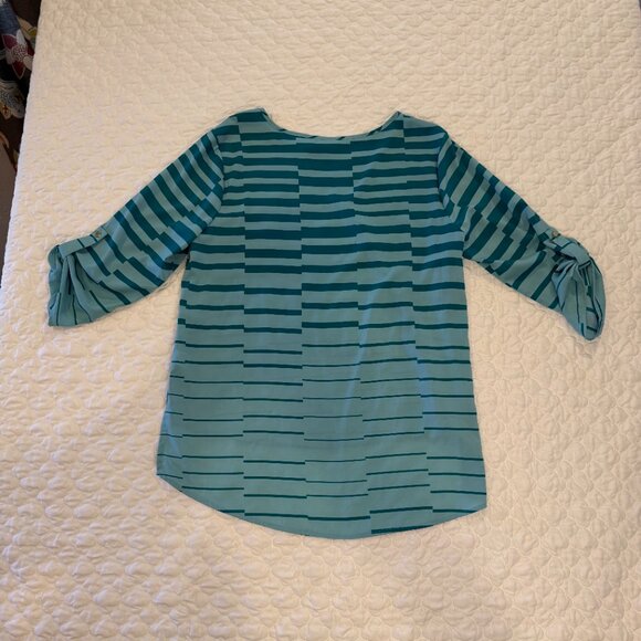 Kim Rogers Teal Striped Tunic Top, Size Large, Roll Sleeve Pullover Shirt - Picture 5 of 8